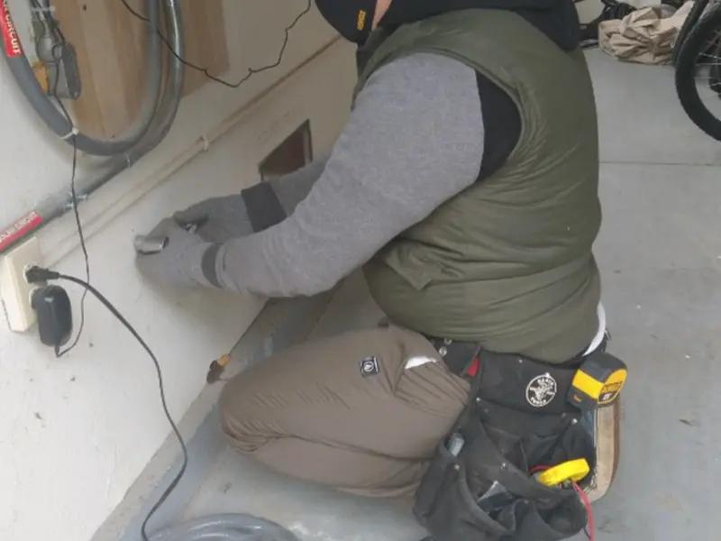 Electrician performing outlet wiring in a Sheridan garage